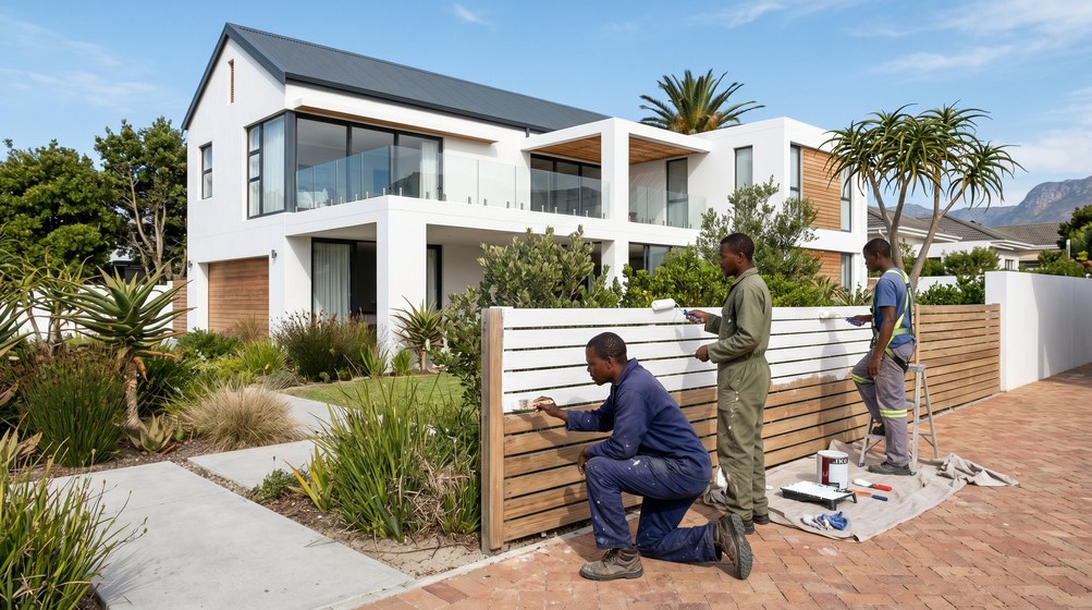 Professional fence painters painting a wooden fence at a coastal home in Mossel Bay