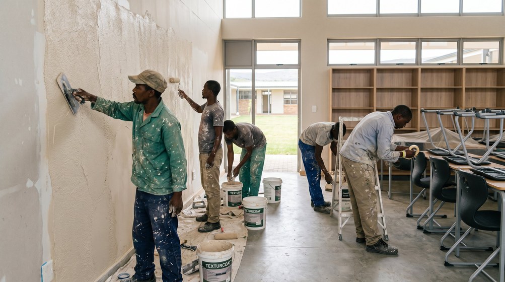 Professional texture coating team applying Texturcoat to interior walls in Mossel Bay