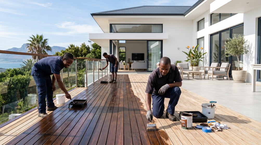 Professional wood staining team applying deck stain overlooking the ocean in Mossel Bay
